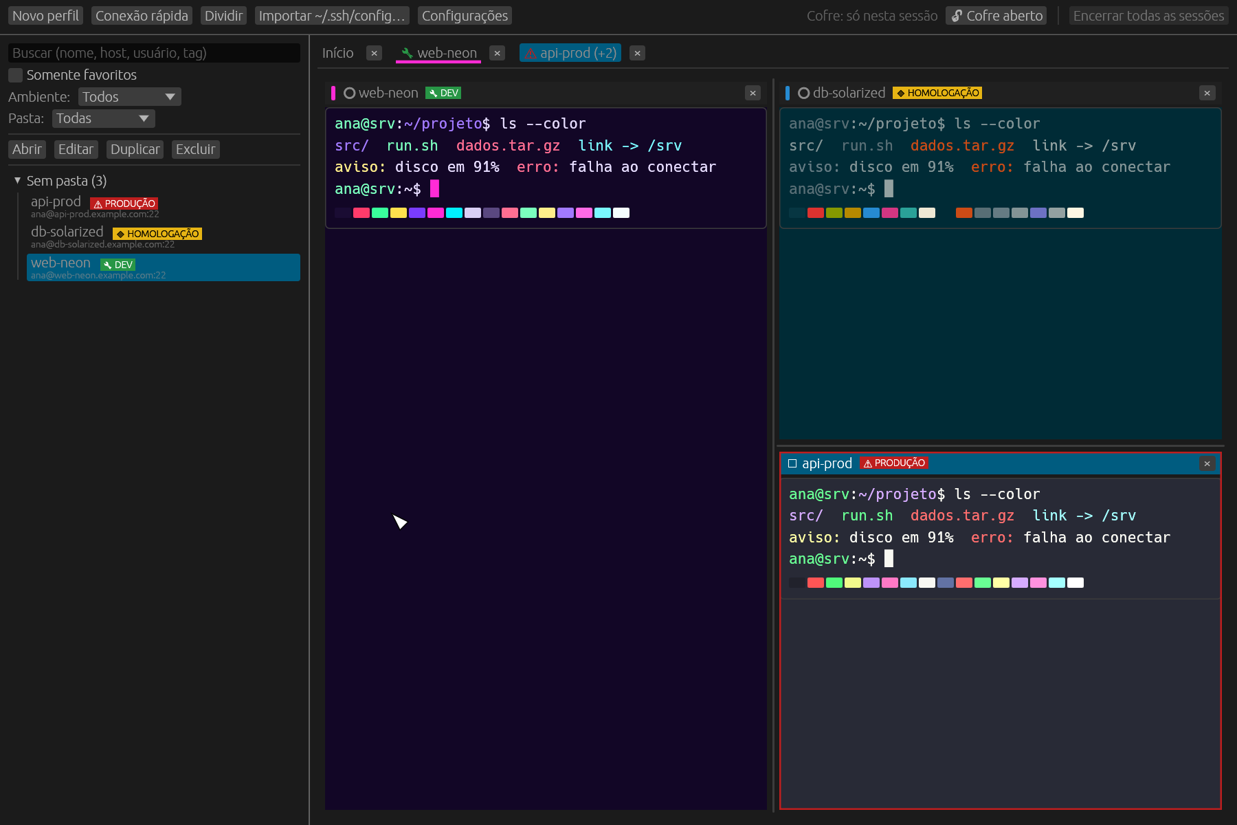 mySSH — Split panes with per-profile themes
